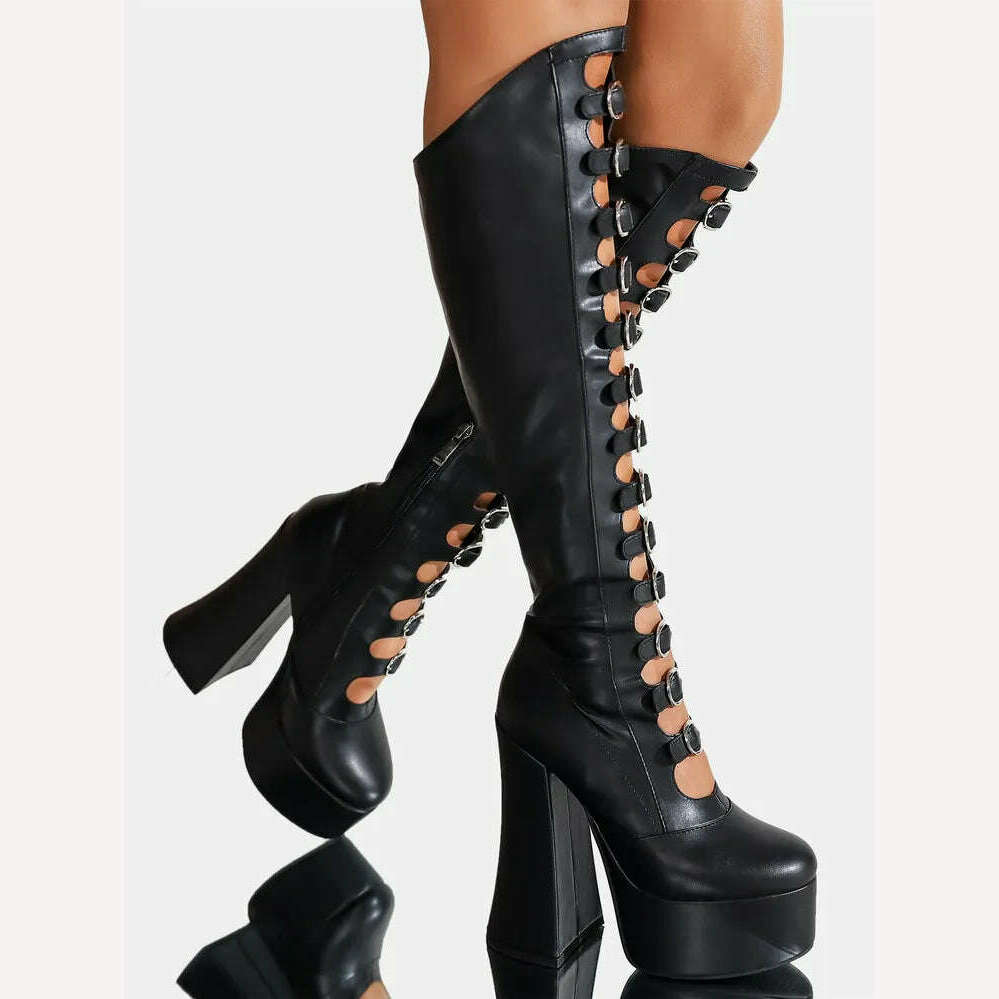 KIMLUD, RIBETRINI Punk Gothic Chic Platform Knee High Boots For Women Buckle Blcok High Heels Cosplay Halloween Long Designer Shoes, KIMLUD Women's Clothes