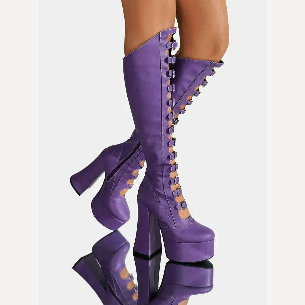 KIMLUD, RIBETRINI Punk Gothic Chic Platform Knee High Boots For Women Buckle Blcok High Heels Cosplay Halloween Long Designer Shoes, KIMLUD Women's Clothes