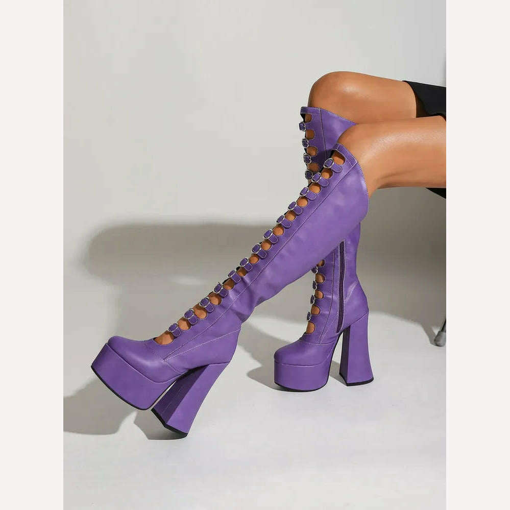 KIMLUD, RIBETRINI Punk Gothic Chic Platform Knee High Boots For Women Buckle Blcok High Heels Cosplay Halloween Long Designer Shoes, KIMLUD Womens Clothes