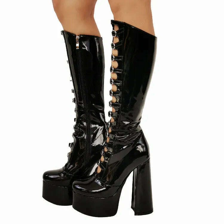 KIMLUD, RIBETRINI Punk Gothic Chic Platform Knee High Boots For Women Buckle Blcok High Heels Cosplay Halloween Long Designer Shoes, KIMLUD Womens Clothes