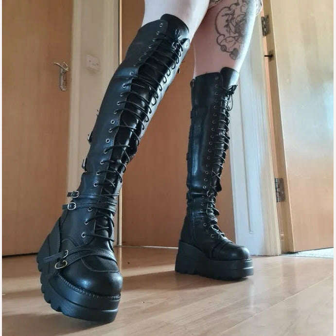 KIMLUD, Rimocy chunky platform pu Leather Knee High Boots Women Retro Punk Height Increasing long boots Woman Lace Up Boots Mujer 2020, KIMLUD Womens Clothes