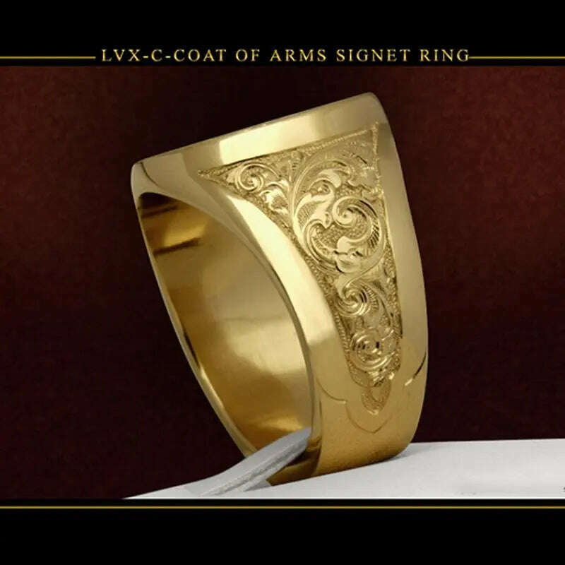 Ring men trends 2024 Crown Lion Shield Badge Ring 18k Yellow Gold Color Royal Seal Men's Ring for party gift for boy - KIMLUD