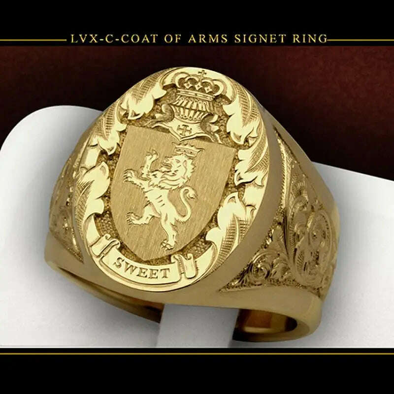 Ring men trends 2024 Crown Lion Shield Badge Ring 18k Yellow Gold Color Royal Seal Men's Ring for party gift for boy - KIMLUD