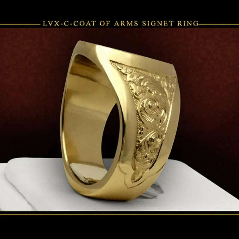 Ring men trends 2024 Crown Lion Shield Badge Ring 18k Yellow Gold Color Royal Seal Men's Ring for party gift for boy - KIMLUD