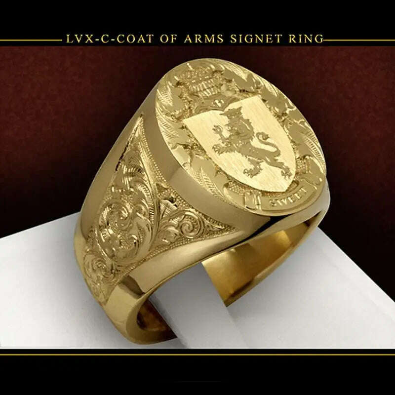 Ring men trends 2024 Crown Lion Shield Badge Ring 18k Yellow Gold Color Royal Seal Men's Ring for party gift for boy - KIMLUD