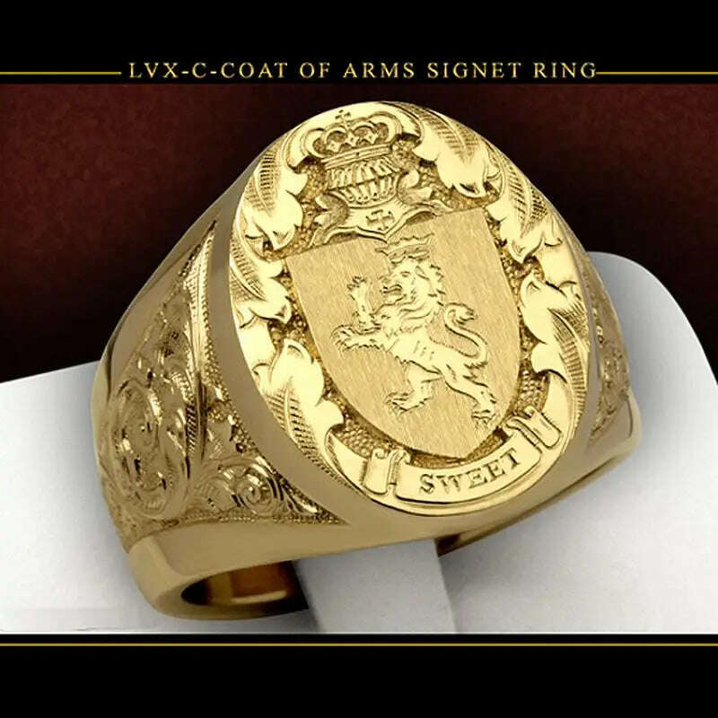 Ring men trends 2024 Crown Lion Shield Badge Ring 18k Yellow Gold Color Royal Seal Men's Ring for party gift for boy - KIMLUD