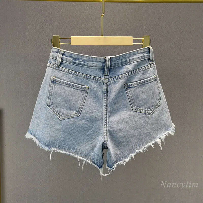 KIMLUD, Ripped Wide-Leg Denim Shorts Women&#39;s 2023 Summer New High Waist Exquisite Rhinestone Hot Pants Ladies Streetwear Jean Shorts, KIMLUD Women's Clothes