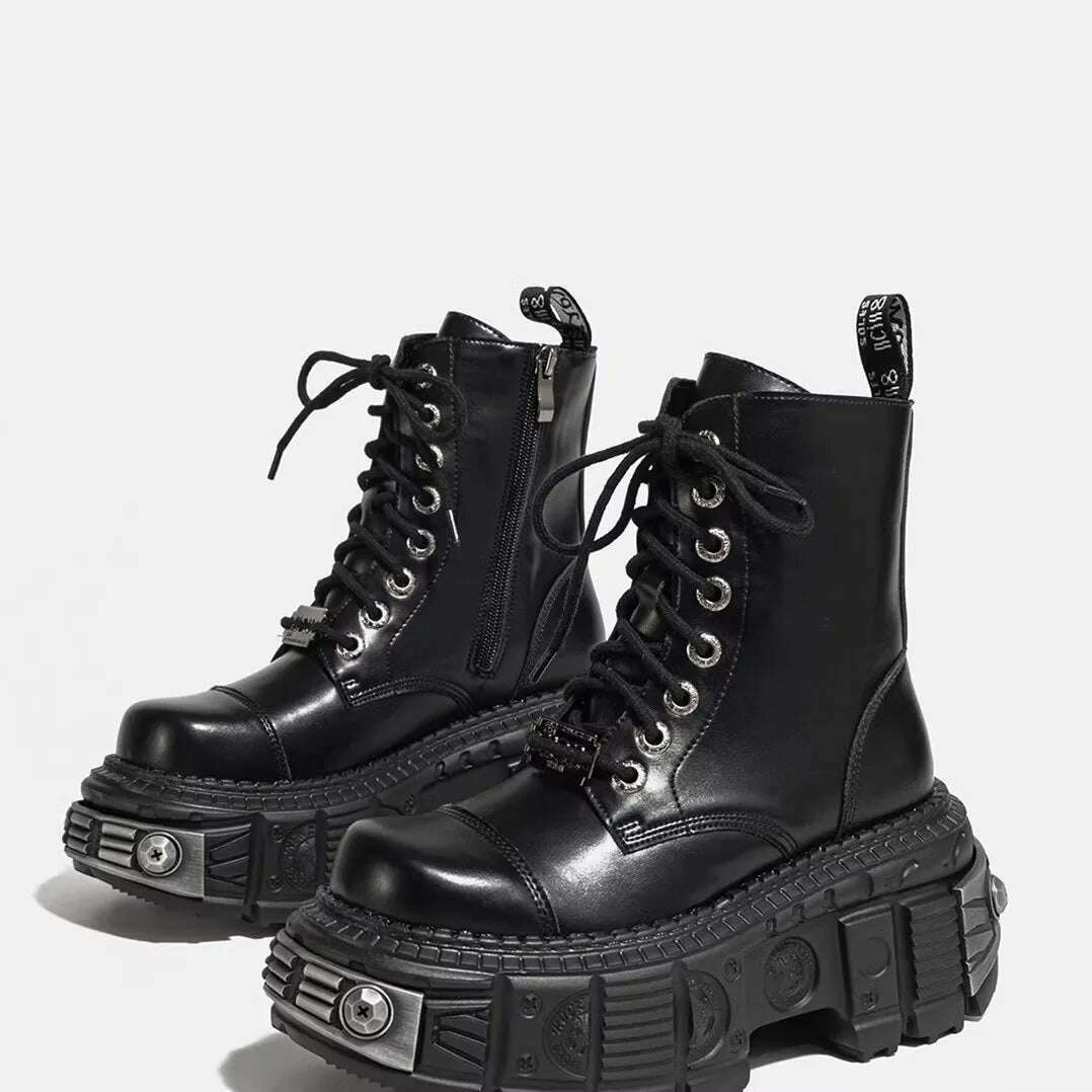 KIMLUD, Rivet Ankle Boots Women's 2023 New British Style Round Toe Lace Up Punk Thick Sole Motorcycle Boots Sweet Cool Short Boots, as pic / 34, KIMLUD APPAREL - Womens Clothes