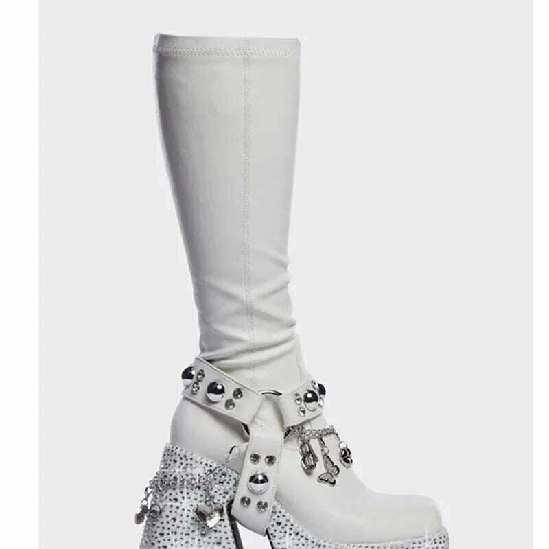Rivet Crystal Decor Platform Boots Round Toe Square Heel Fashionable Sexy Novel Style Summer 2023 Woman Shoes Zapatillas Mujer - KIMLUD