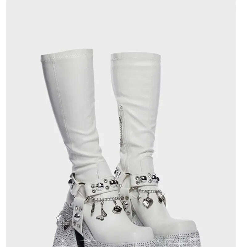 Rivet Crystal Decor Platform Boots Round Toe Square Heel Fashionable Sexy Novel Style Summer 2023 Woman Shoes Zapatillas Mujer - KIMLUD