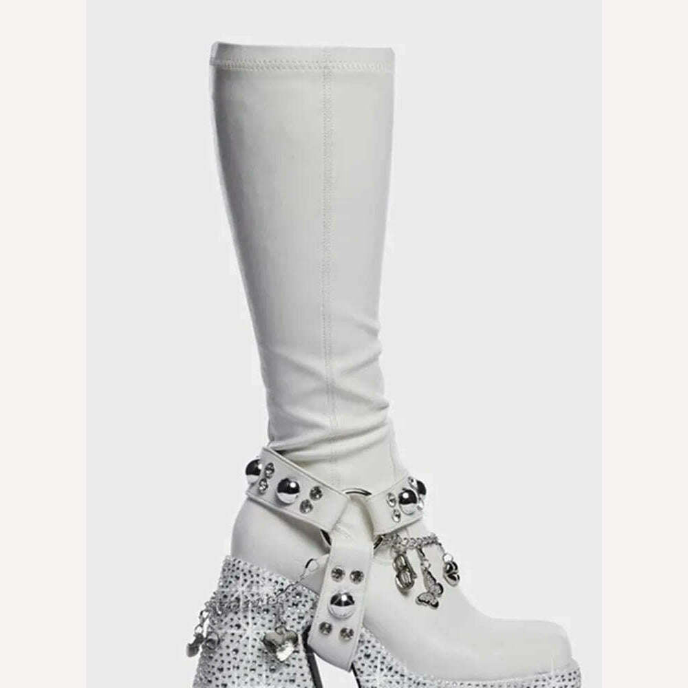 Rivet Crystal Decor Platform Boots Round Toe Square Heel Fashionable Sexy Novel Style Summer 2023 Woman Shoes Zapatillas Mujer - KIMLUD