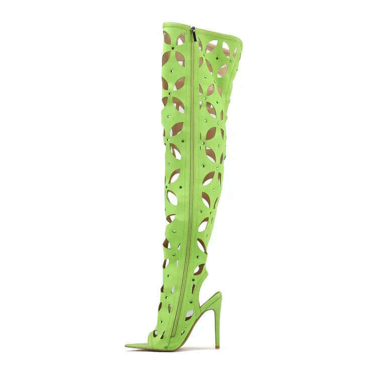 KIMLUD, Rivet Hollow Out Color Matching Over Knee Boots New Fish Mouth Hollow High Heel Sandals European American Fashion Women Shoes 43, NRH-A806 Green / 35, KIMLUD Womens Clothes