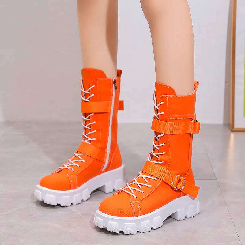 KIMLUD, Rock Shoes Woman Boots Women New 2022 Lace Up Booties Ladies Round Toe Luxury Designer Flat Heel Lolita Med Fashion Sports, orange / 35, KIMLUD APPAREL - Womens Clothes
