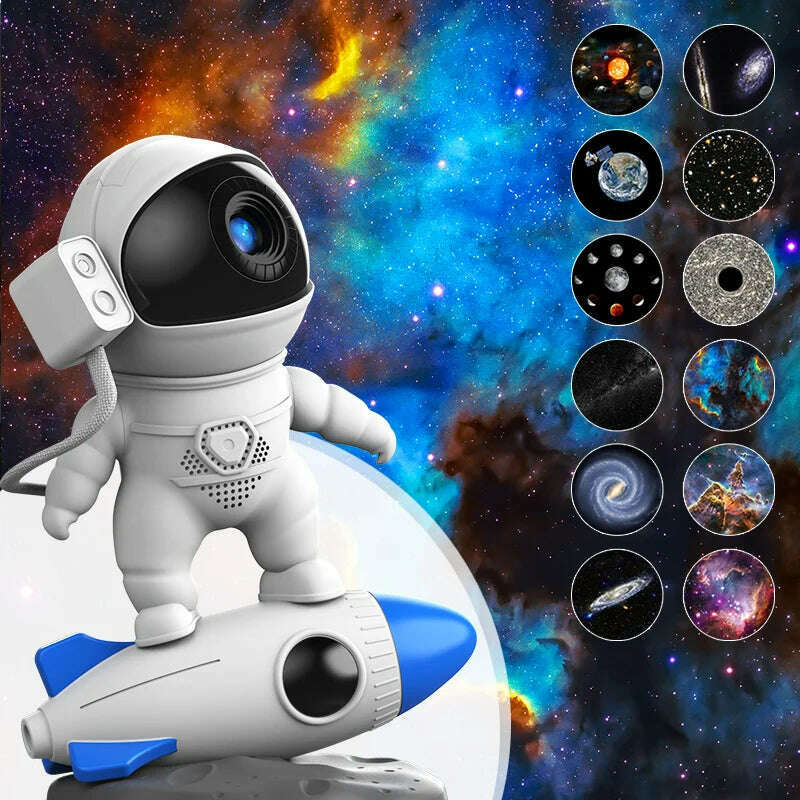 KIMLUD, Rocket Astronaut Galaxy Projector Night Light Lamp And 13 Film Pieces Sky Projector 360° Rotate Planetarium For Kids Bedroom, White, KIMLUD Women's Clothes