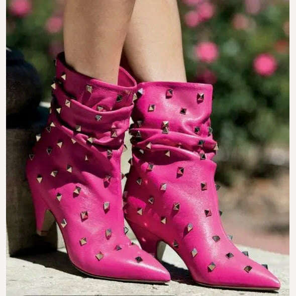 KIMLUD, Rockstud Fuchsia Pointed Toe Sexy Ankle Boots Women Leather Spike High Heel Knee High Boots Lady Luxury Dress Shoes Rivets, KIMLUD Women's Clothes