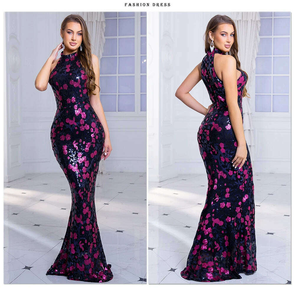 Romagic Elegant Flowers Sequin Sleeveless O Neck Evening Party Dress Sexy Bodycon Mermaid Long Lining Floor Length Prom Dresses - KIMLUD