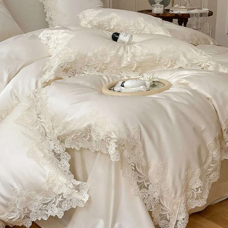 KIMLUD, Romantic French Wedding Chic Flowers Lace Edge Woman Bedding Set 1000TC Egyptian Cotton Girl Duvet Cover Bed Sheet Pillowcases, KIMLUD Womens Clothes