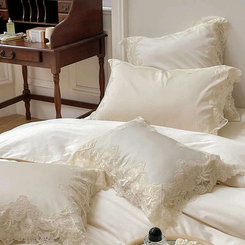 Romantic French Wedding Chic Flowers Lace Edge Woman Bedding Set 1000TC Egyptian Cotton Girl Duvet Cover Bed Sheet Pillowcases, KIMLUD Women's Clothes