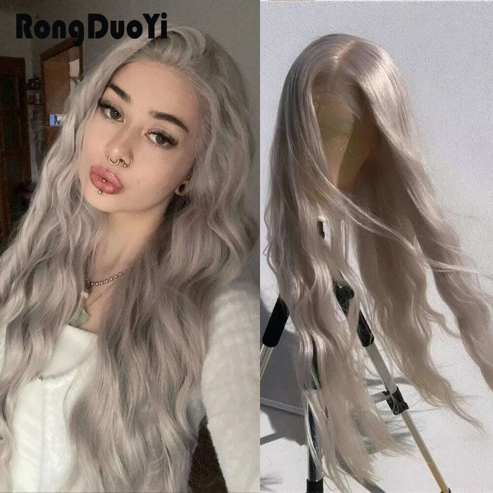 KIMLUD, RONGDUOYI Cosplay Synthetic Lace Front Wigs Silver Grey Wig Synthetic Wavy Hair Lace Wigs For Women Heat Resistant Daily Used, KIMLUD Womens Clothes