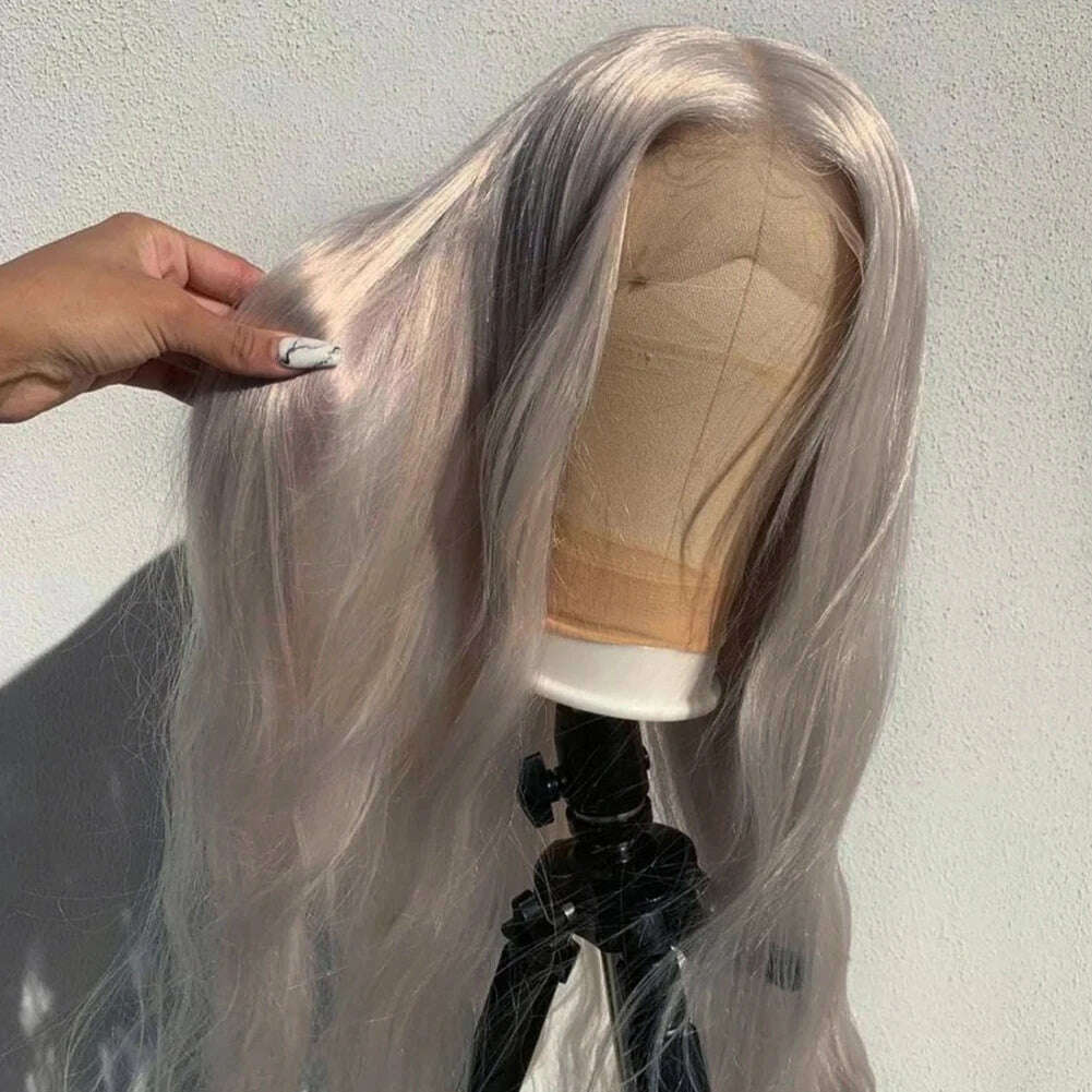 RONGDUOYI Cosplay Synthetic Lace Front Wigs Silver Grey Wig Synthetic Wavy Hair Lace Wigs For Women Heat Resistant Daily Used - KIMLUD