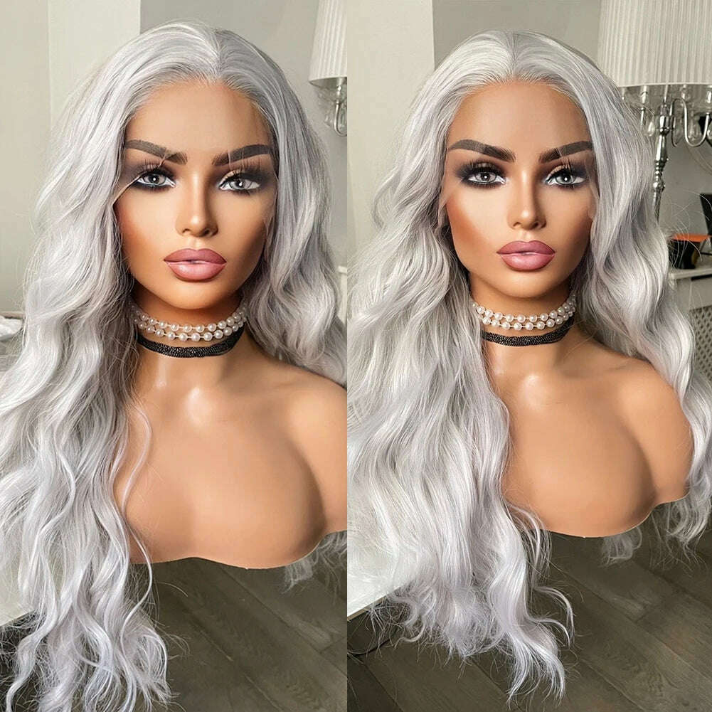 KIMLUD, RONGDUOYI Cosplay Synthetic Lace Front Wigs Silver Grey Wig Synthetic Wavy Hair Lace Wigs For Women Heat Resistant Daily Used, Grey / 20inches / Lace Front | 150%, KIMLUD Womens Clothes
