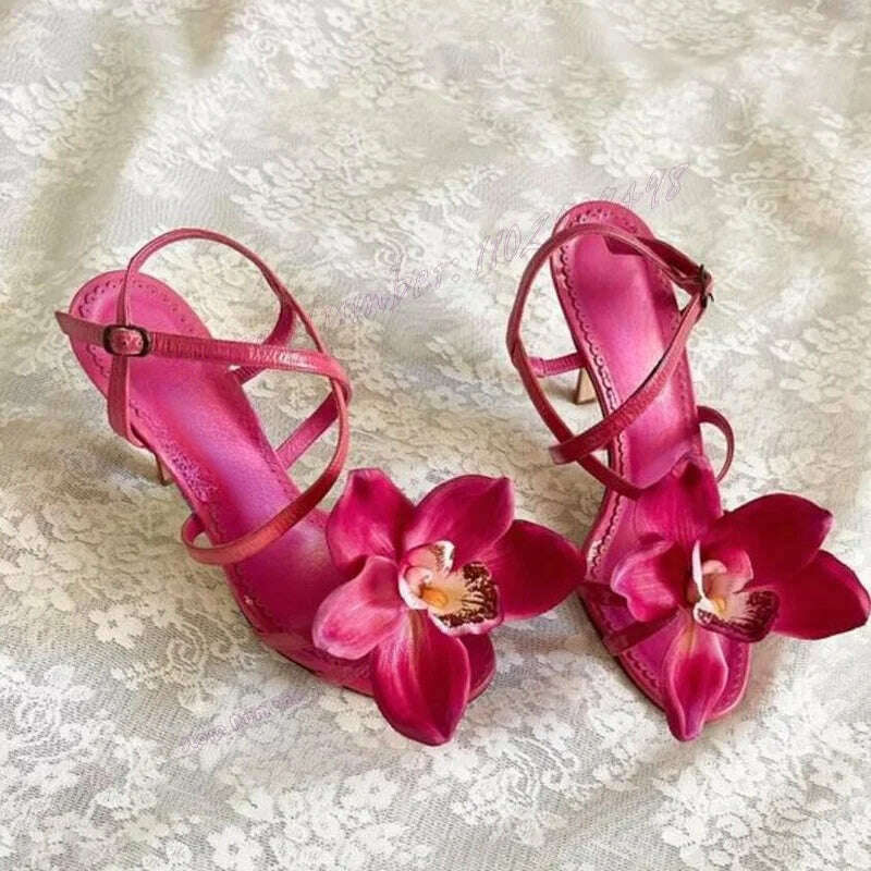 KIMLUD, Rose Red Flower Back Strap Sandals Open Toe Shoes for Women Stilettos High Heels Elegant Evening Shoes 2023 Zapatos Para Mujere, Rose Red / CHINA / 37, KIMLUD Womens Clothes