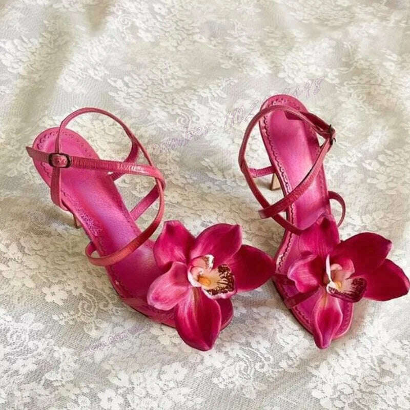 KIMLUD, Rose Red Flower Back Strap Sandals Open Toe Shoes for Women Stilettos High Heels Elegant Evening Shoes 2023 Zapatos Para Mujere, Rose Red / CHINA / 37, KIMLUD APPAREL - Womens Clothes