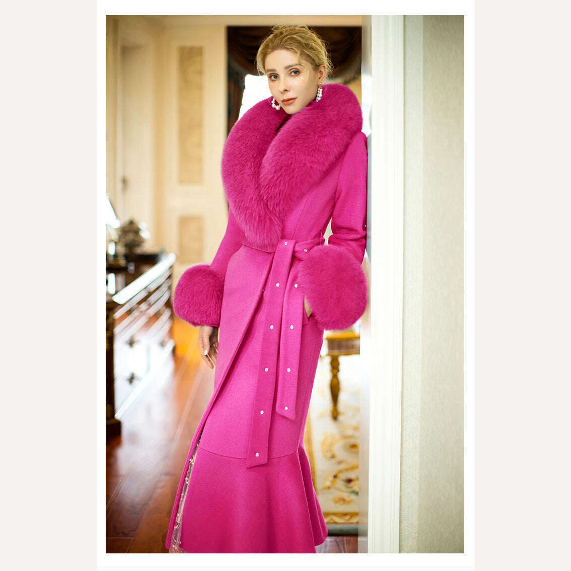 KIMLUD, Rose Red Slim Fit Wool Coat Women 2023 Autumn Winter Real Fox Fur Collar Fur Slimming Patchwork Fishtail Woolen Large Overcoat, KIMLUD Womens Clothes