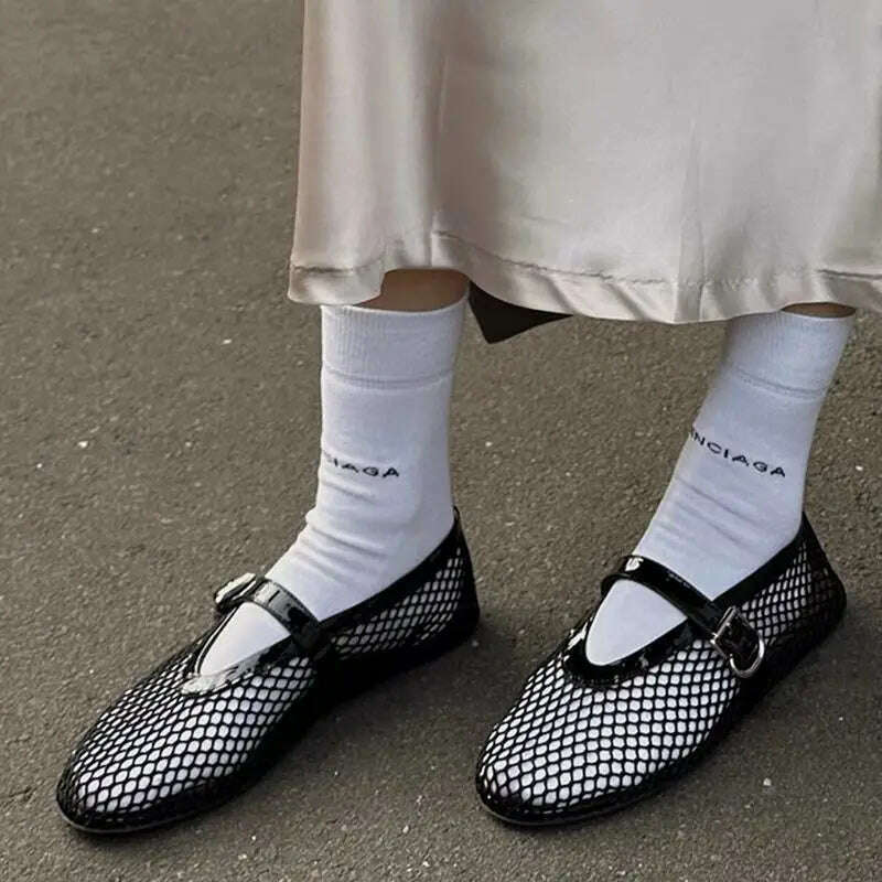 KIMLUD, Round head small fish mesh female new fashion simple flat belt buckle single shoes, KIMLUD Womens Clothes