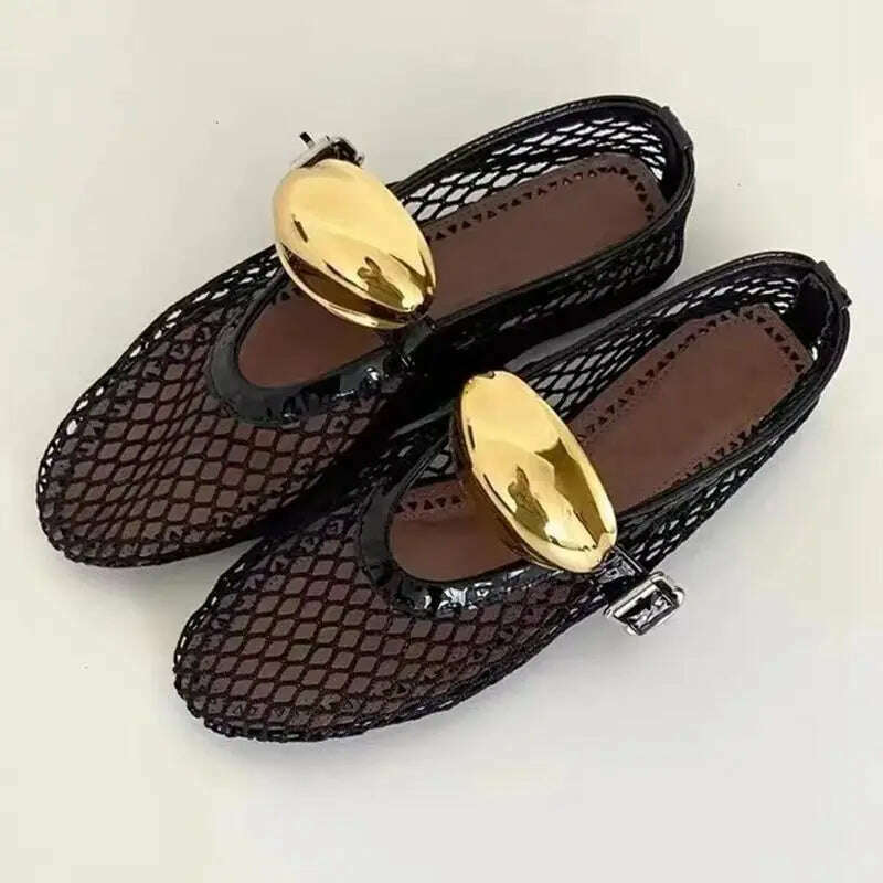 KIMLUD, Round head small fish mesh female new fashion simple flat belt buckle single shoes, 222 1 / 35, KIMLUD APPAREL - Womens Clothes