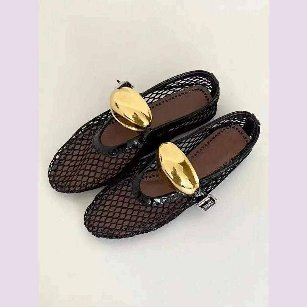 KIMLUD, Round head small fish mesh female new fashion simple flat belt buckle single shoes, KIMLUD Womens Clothes