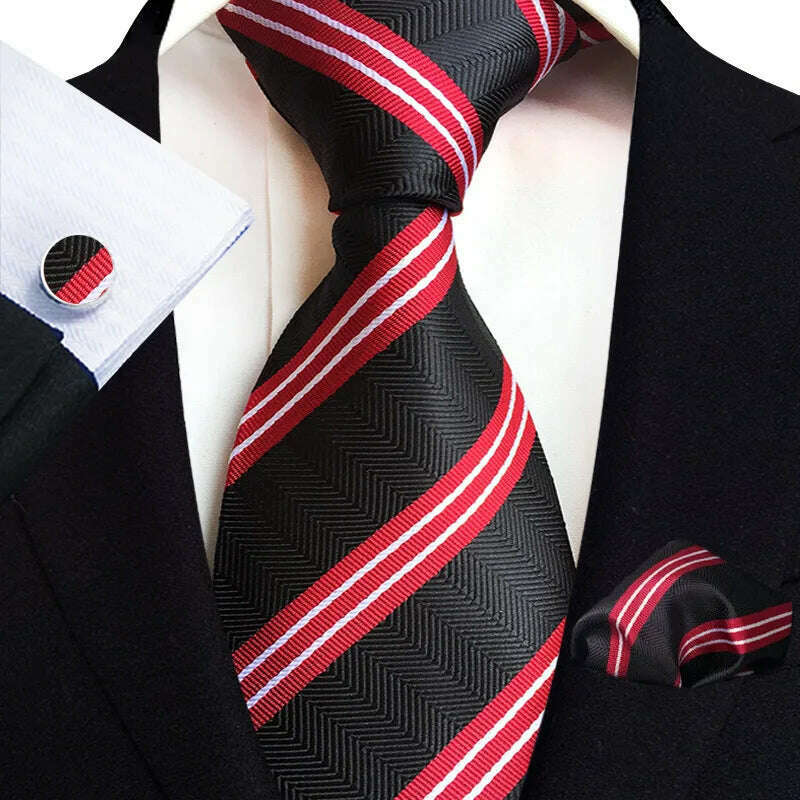 Royal Striped Paisley Ties For Men Luxury 8cm Necktie Pocket Square Cufflinks Gift Set Jacquard Weave Tie Suit Accessories - KIMLUD