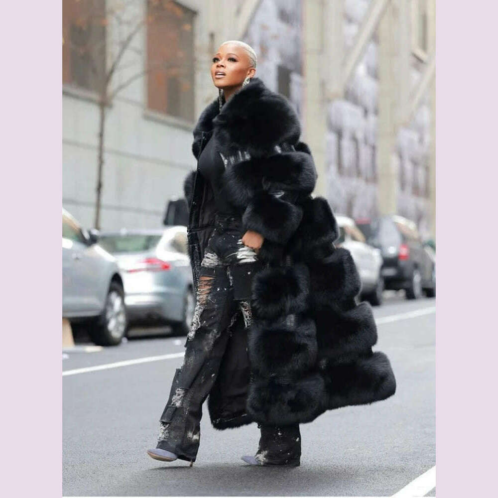 KIMLUD, RR2831 Two Ways Wear Long Faux Fur Coats Women Stand Fur Collar Long Sleeve Fake Fox Fur Winter Jackets Women Waist Zipper, KIMLUD Womens Clothes
