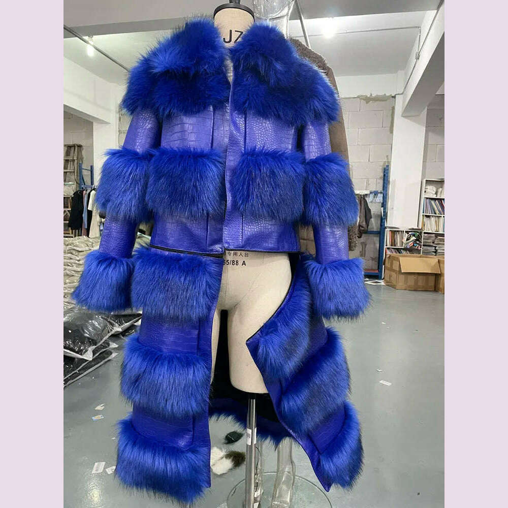 KIMLUD, RR2831 Two Ways Wear Long Faux Fur Coats Women Stand Fur Collar Long Sleeve Fake Fox Fur Winter Jackets Women Waist Zipper, KIMLUD Womens Clothes