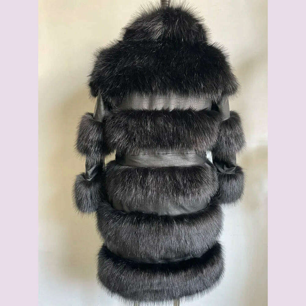 KIMLUD, RR2831 Two Ways Wear Long Faux Fur Coats Women Stand Fur Collar Long Sleeve Fake Fox Fur Winter Jackets Women Waist Zipper, black 5 rows / S, KIMLUD APPAREL - Womens Clothes