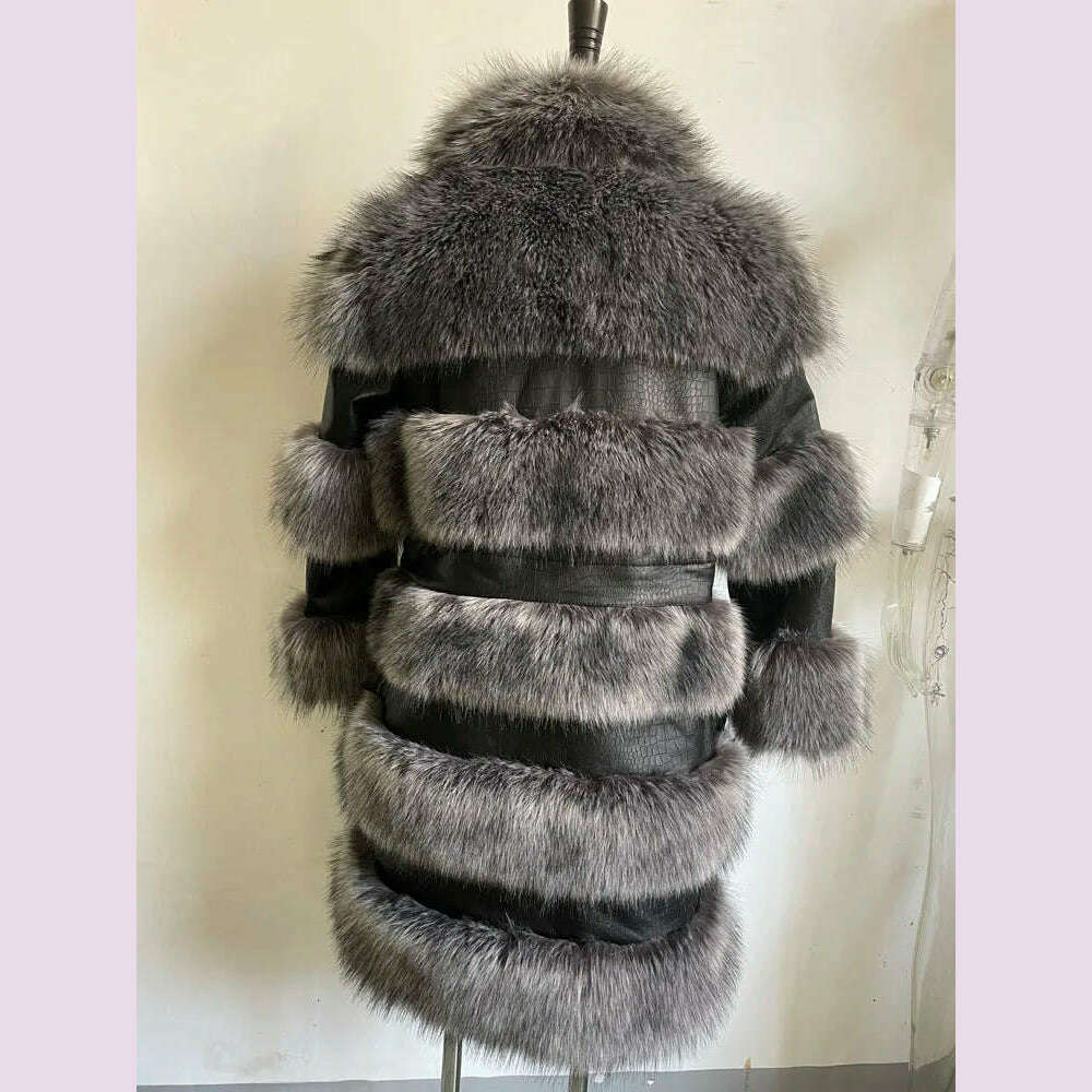 KIMLUD, RR2831 Two Ways Wear Long Faux Fur Coats Women Stand Fur Collar Long Sleeve Fake Fox Fur Winter Jackets Women Waist Zipper, silver 5 rows / S, KIMLUD APPAREL - Womens Clothes