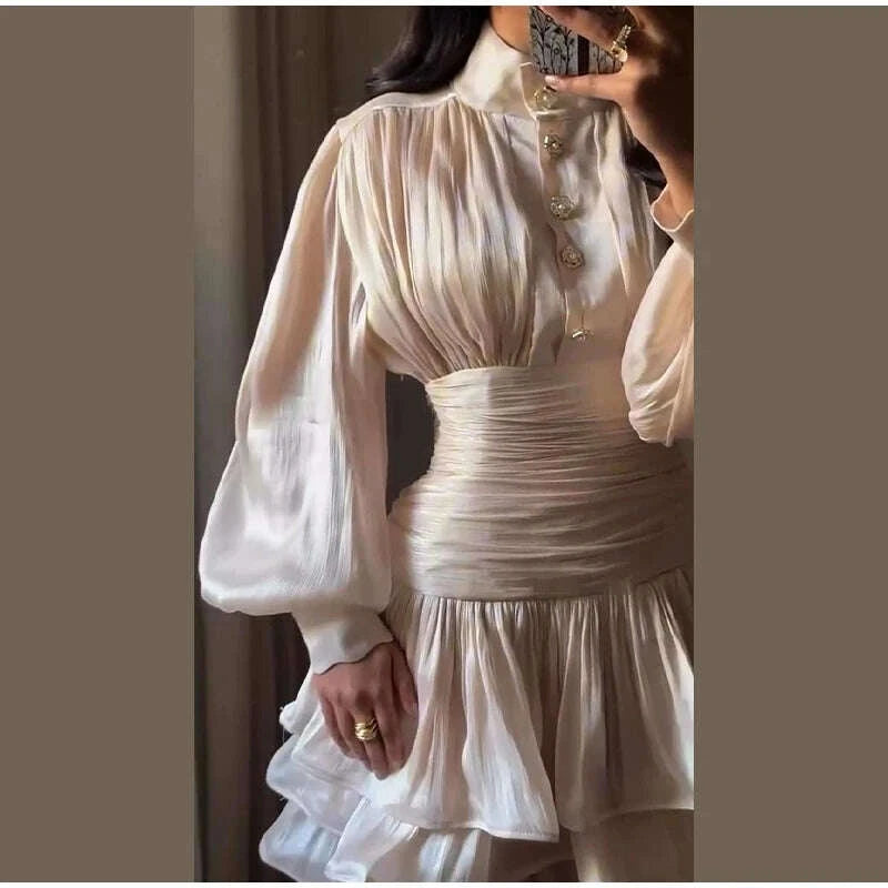 Ruched Waist Dresses Satin Mini - High Neck Puff Sleeve Black | KIMLUD