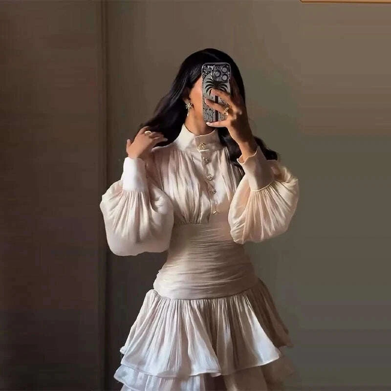 Ruched Waist Dresses Satin Mini - High Neck Puff Sleeve Black | KIMLUD