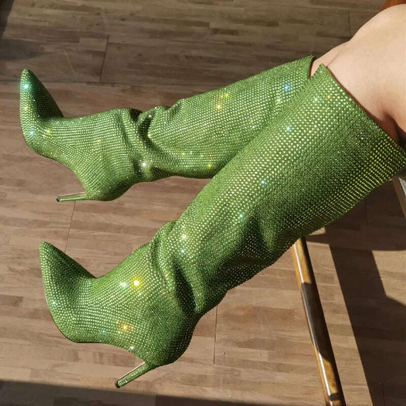 KIMLUD, Runway Stilettos Women Long Boots Shiny Rhinestone Knee-Length Boots Fashion Pointed Candy Colors Ladies Shoes Zapatos De Mujer, green 9cm / 35, KIMLUD APPAREL - Womens Clothes