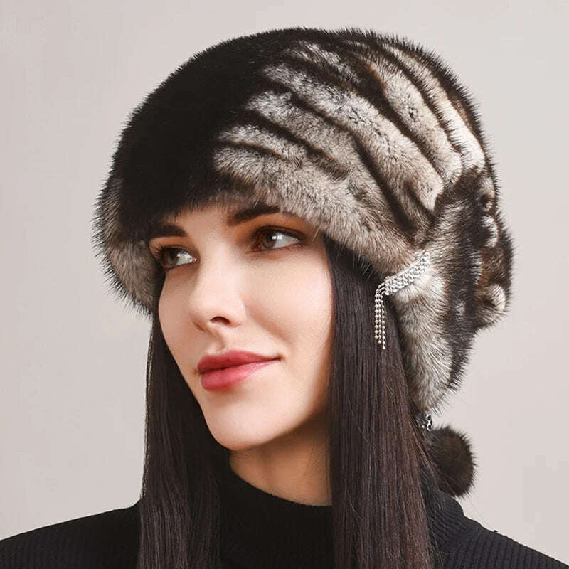 Russian Fur Hat Winter Warm Natural Mink Fur Hats for Women Classic Luxury Caps Earflap Christmas Hat Luxury Lady Real Mink Hat - KIMLUD