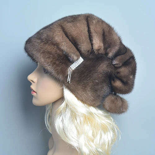 KIMLUD, Russian Fur Hat Winter Warm Natural Mink Fur Hats for Women Classic Luxury Caps Earflap Christmas Hat Luxury Lady Real Mink Hat, brown / One Size, KIMLUD Womens Clothes