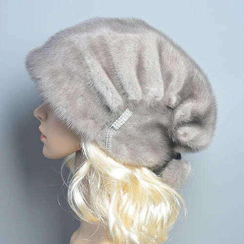 KIMLUD, Russian Fur Hat Winter Warm Natural Mink Fur Hats for Women Classic Luxury Caps Earflap Christmas Hat Luxury Lady Real Mink Hat, grey / One Size, KIMLUD Womens Clothes