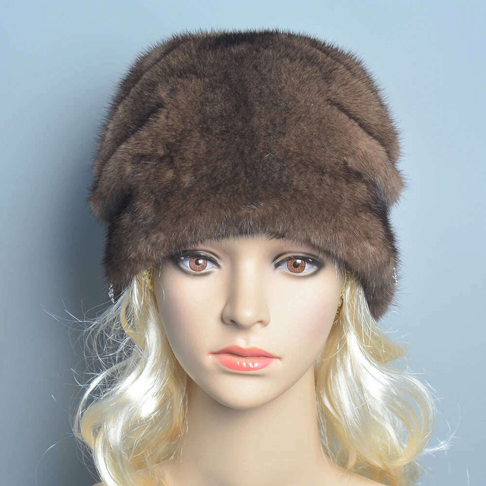 KIMLUD, Russian Fur Hat Winter Warm Natural Mink Fur Hats for Women Classic Luxury Caps Earflap Christmas Hat Luxury Lady Real Mink Hat, KIMLUD Womens Clothes