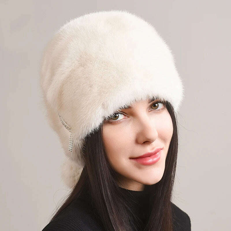 KIMLUD, Russian Fur Hat Winter Warm Natural Mink Fur Hats for Women Classic Luxury Caps Earflap Christmas Hat Luxury Lady Real Mink Hat, KIMLUD Womens Clothes