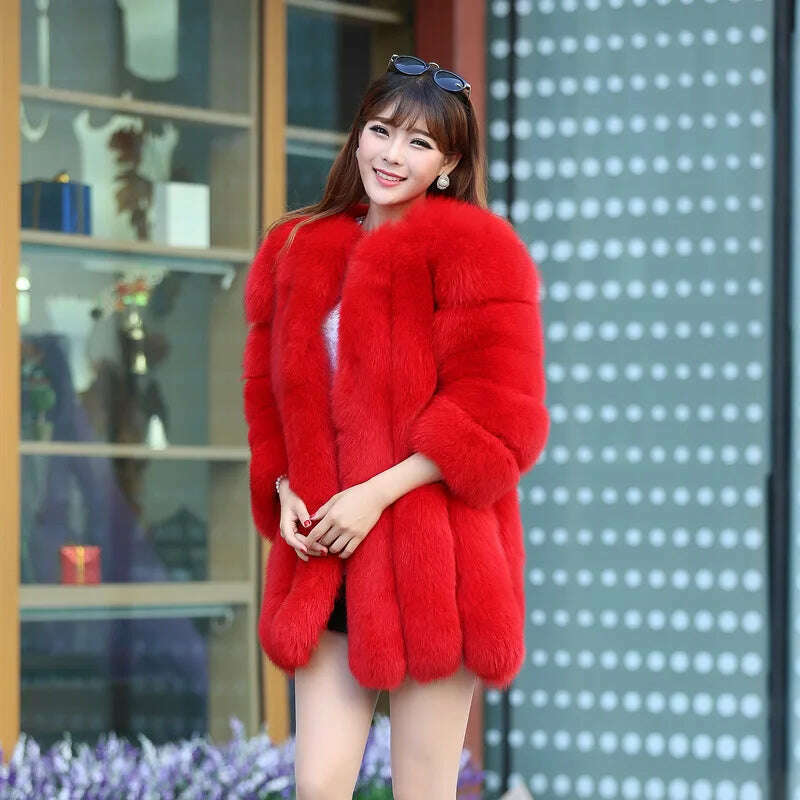 KIMLUD, S-4XL Winter Luxury Faux Fox Fur Coat Slim Long Pink Red Blue Faux Fur Jacket Women Fake Fur Coats manteau fourrure wj1231w, red / XL, KIMLUD APPAREL - Womens Clothes