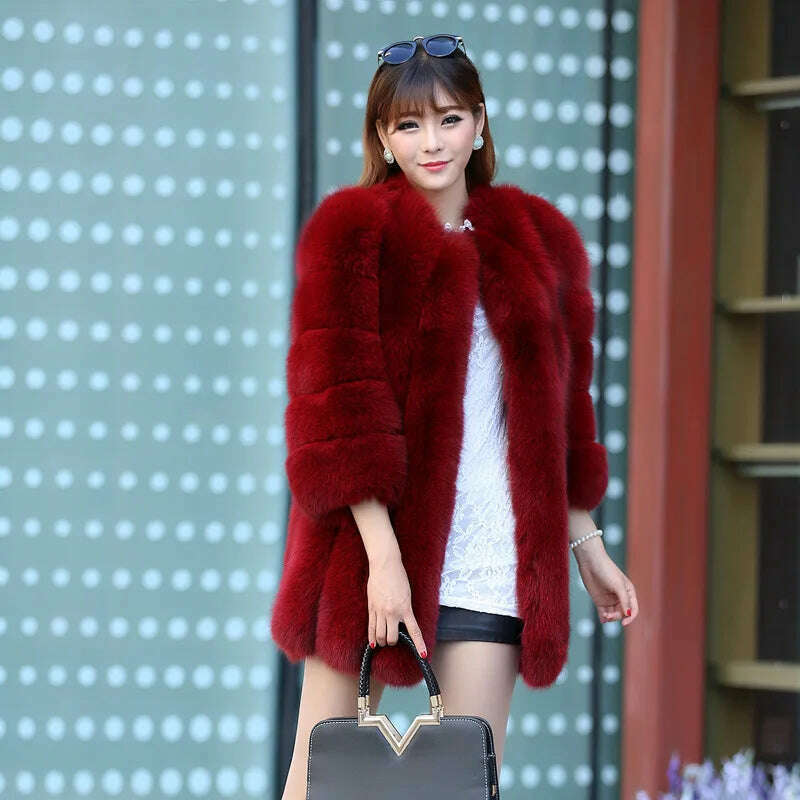 KIMLUD, S-4XL Winter Luxury Faux Fox Fur Coat Slim Long Pink Red Blue Faux Fur Jacket Women Fake Fur Coats manteau fourrure wj1231w, wine red / XXXL, KIMLUD APPAREL - Womens Clothes