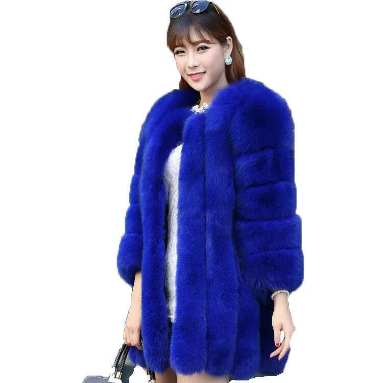 KIMLUD, S-4XL Winter Luxury Faux Fox Fur Coat Slim Long Pink Red Blue Faux Fur Jacket Women Fake Fur Coats manteau fourrure wj1231w, blue / XXL, KIMLUD APPAREL - Womens Clothes