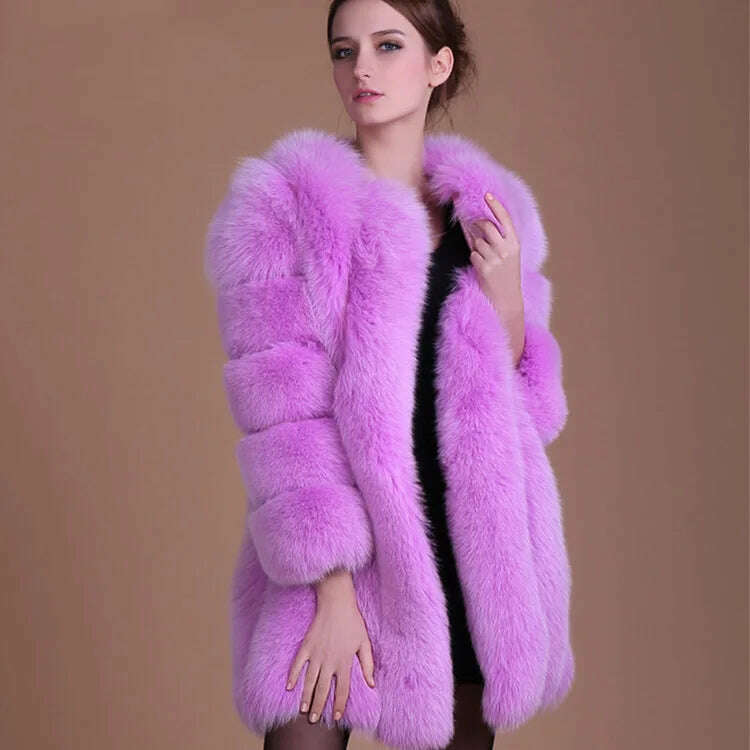 KIMLUD, S-4XL Winter Luxury Faux Fox Fur Coat Slim Long Pink Red Blue Faux Fur Jacket Women Fake Fur Coats manteau fourrure wj1231w, KIMLUD Womens Clothes
