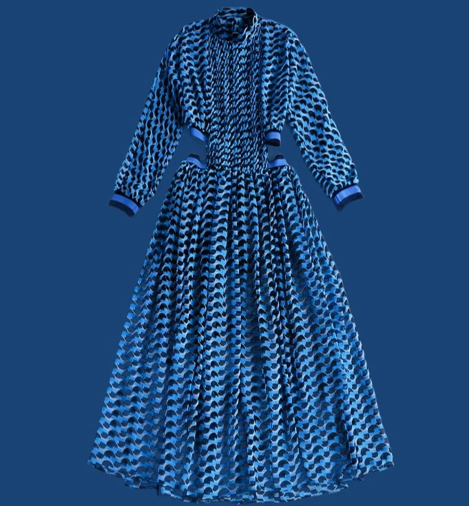 S-XXL High Quality Summer Brand New Fashion Blue Print Silky Fabric Stretch Waist Sexy Banquet Women Dress - KIMLUD