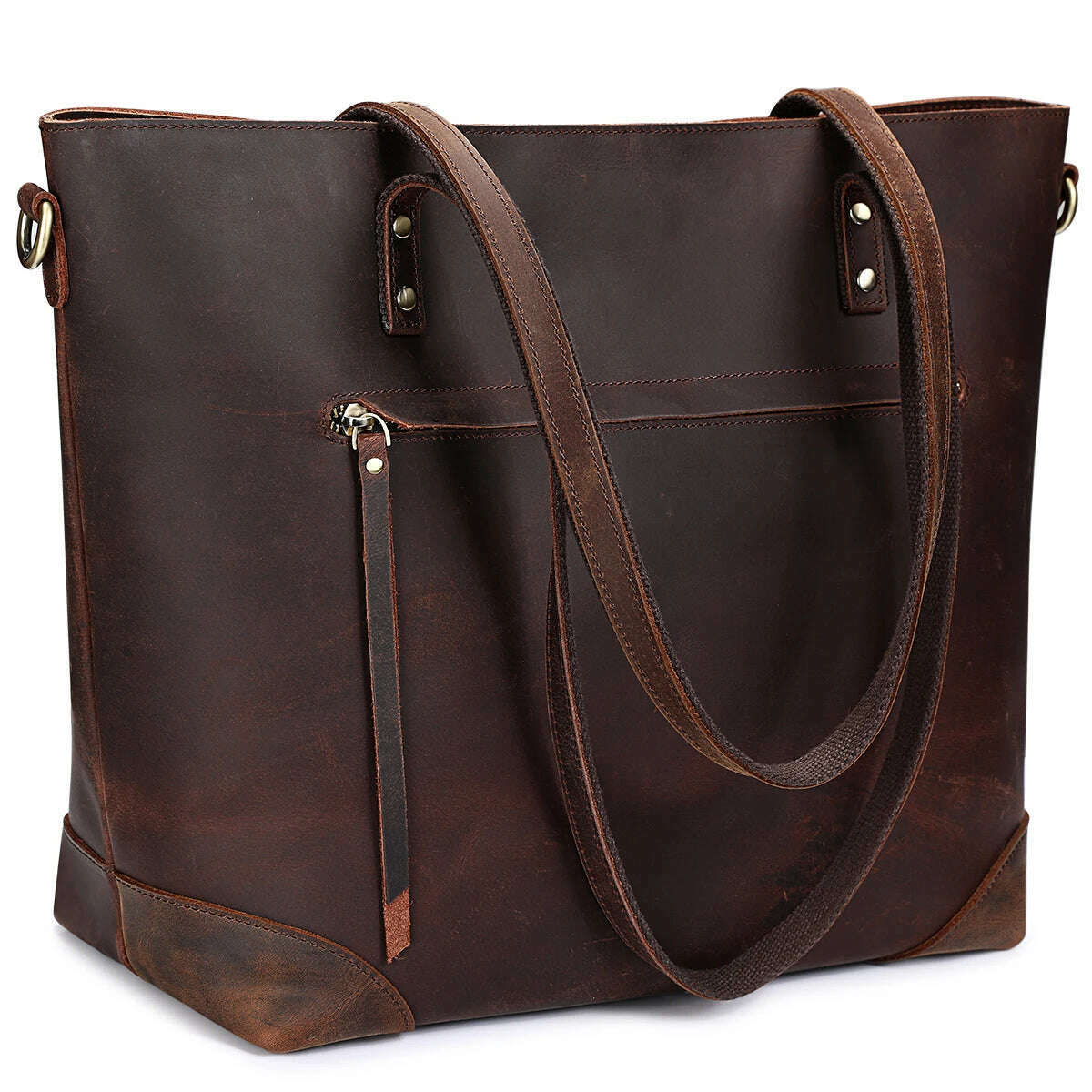 KIMLUD, S-ZONE Vintage Genuine Leather Shoulder Bag Work Totes for Women Purse Handbag with Back Zipper Pocket Large, KIMLUD Women's Clothes